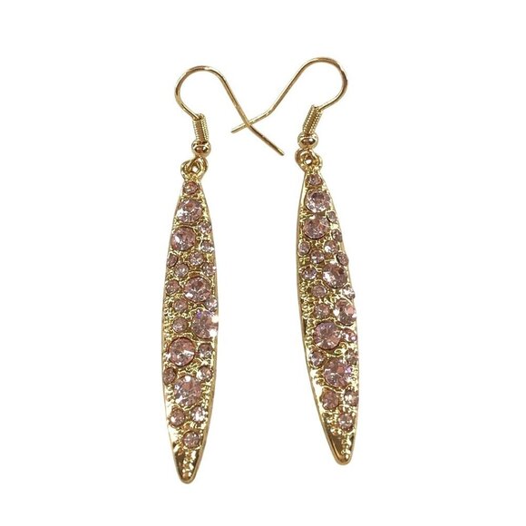 Pink Rhinestone Gold Tone Dangle Earrings - Picture 1 of 3